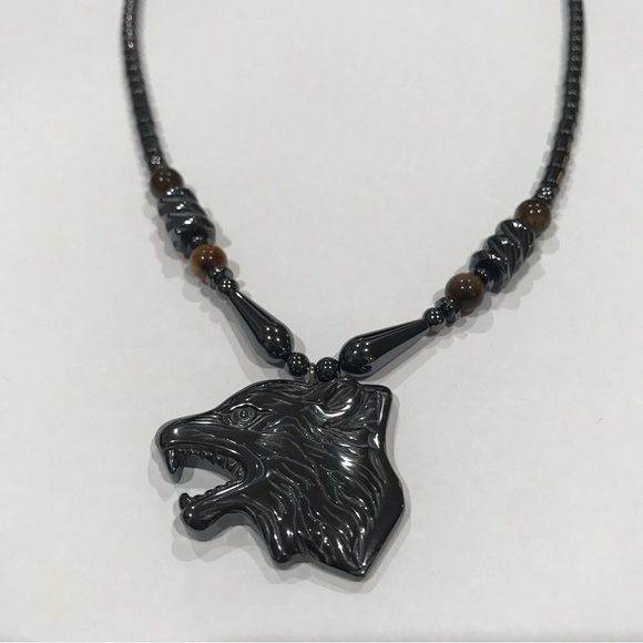 Necklace Hematite Wolf head pendant necklace , vintage - Picture 2 of 6